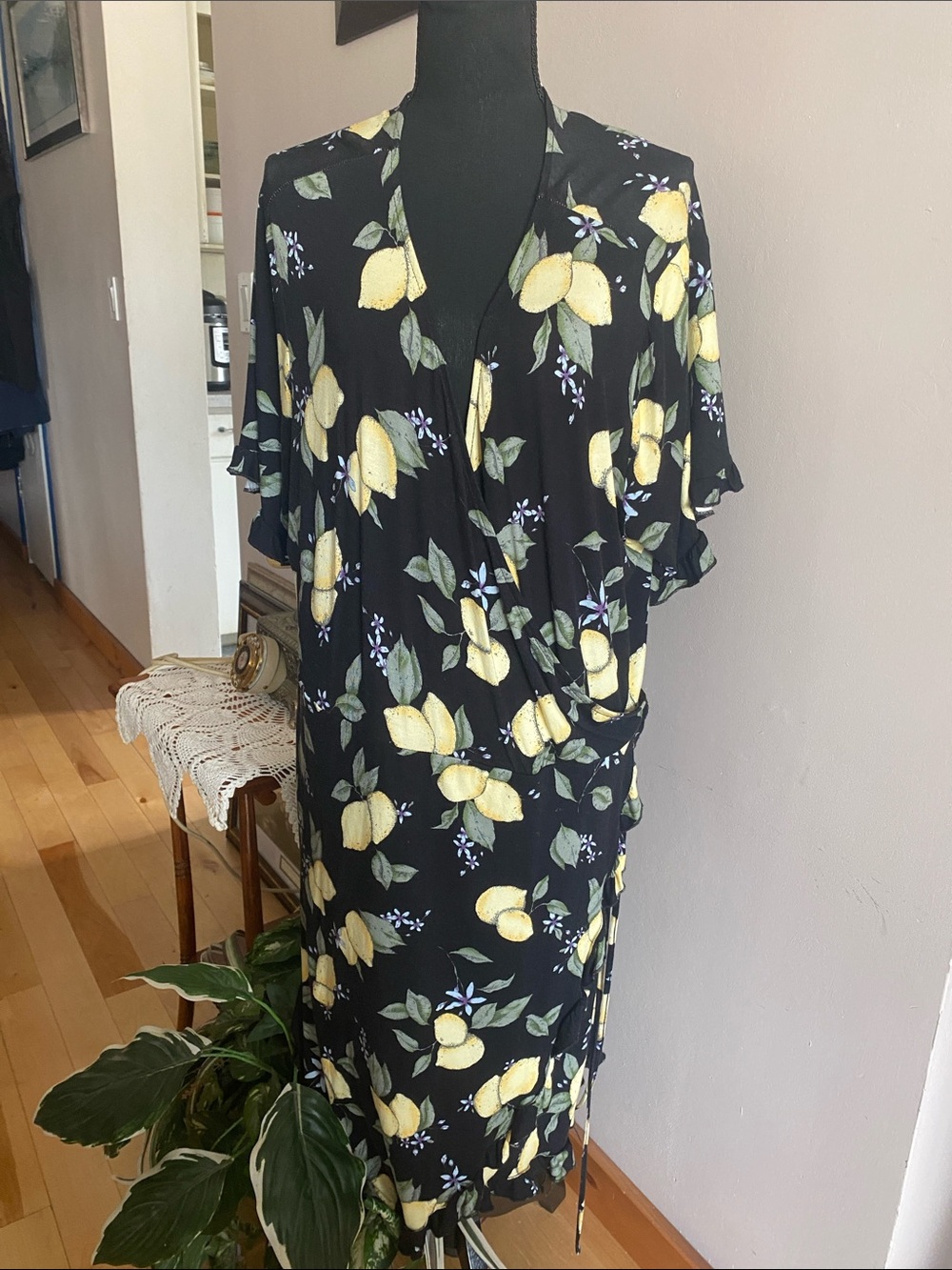 George Black Wrap Dress with Yellow Lemon Print